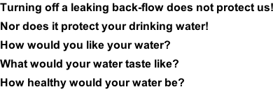 Turning off a leaking back-flow does not protect us! Nor does it protect your drinking water! How would you like your water? What would your water taste like? How healthy would your water be?